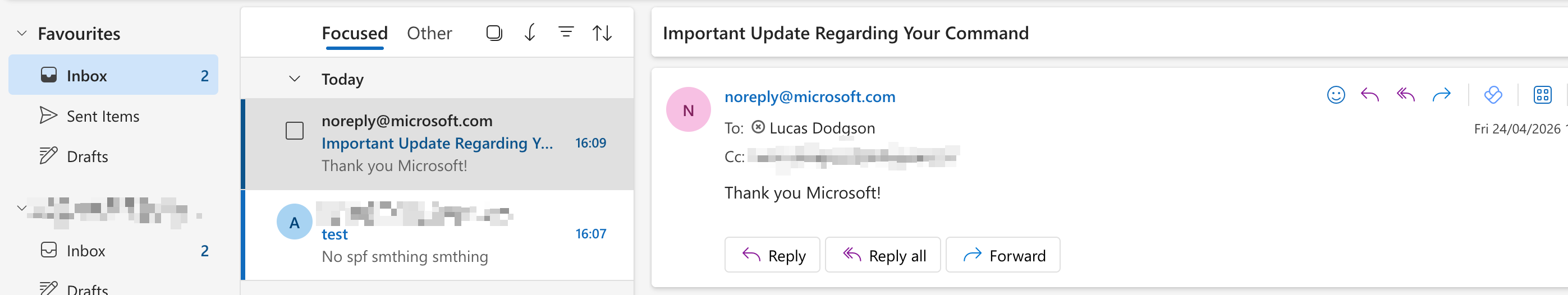 Outlook inbox showing a spoofed e-mail apparently from noreply@microsoft.com being delivered to the inbox without any warning.